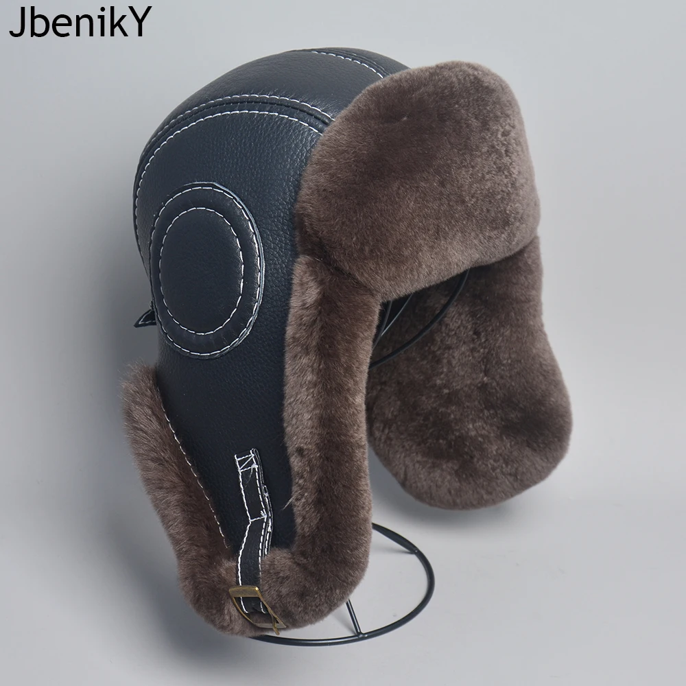 2024 New Men\'s 100% Natural Rex Rabbit Fur Bomber Hats Winter Russian Man Warm Real Sheepskin Leather Hat Male Real Fur Caps