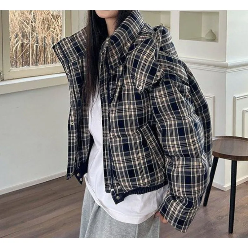 

Vintage Plaid Short Down Cotton Coat 2025 Winter New Style Hooded Loose Puffer Jacket Petite Figures, Korean Style Outerwear