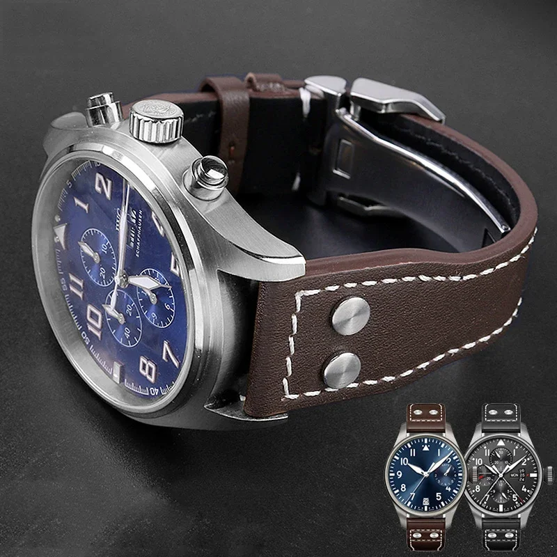 Genuine Leather Rivets Watchband For IWC Big Pilot Spitfire Brown Black Cowhide Folding Buckle Watch Men Strap 21x18mm 22x18mm