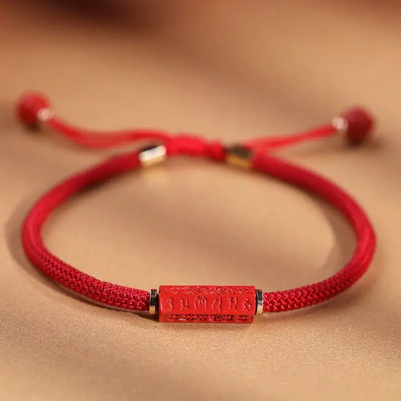 

Natural Cinnabar Six Word Mantra Lucky Beads Braided Bracelet Women Tiger Zodiac Year Couple Red String