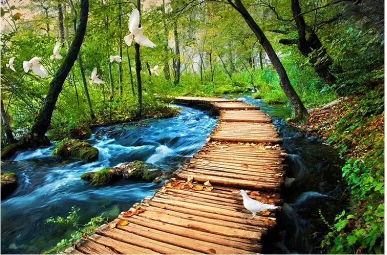 custom Mural Retro wooden bridge Forest Wallpaper Living Room Sofa study Background Home Decor art sea view 3d wallpaper