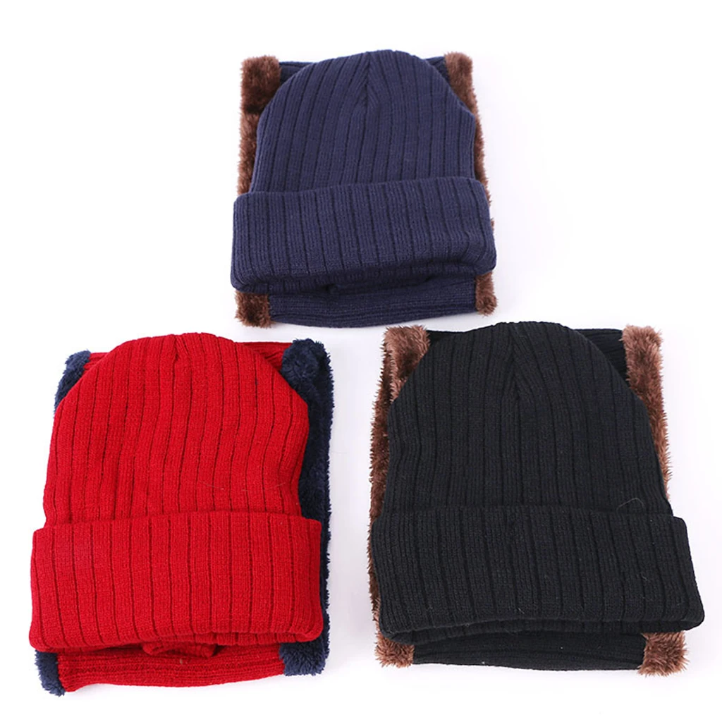 3pcs Knit Soft Beanie Ski Hat Touch Screen Scarf Gloves with Fleece for Men Women