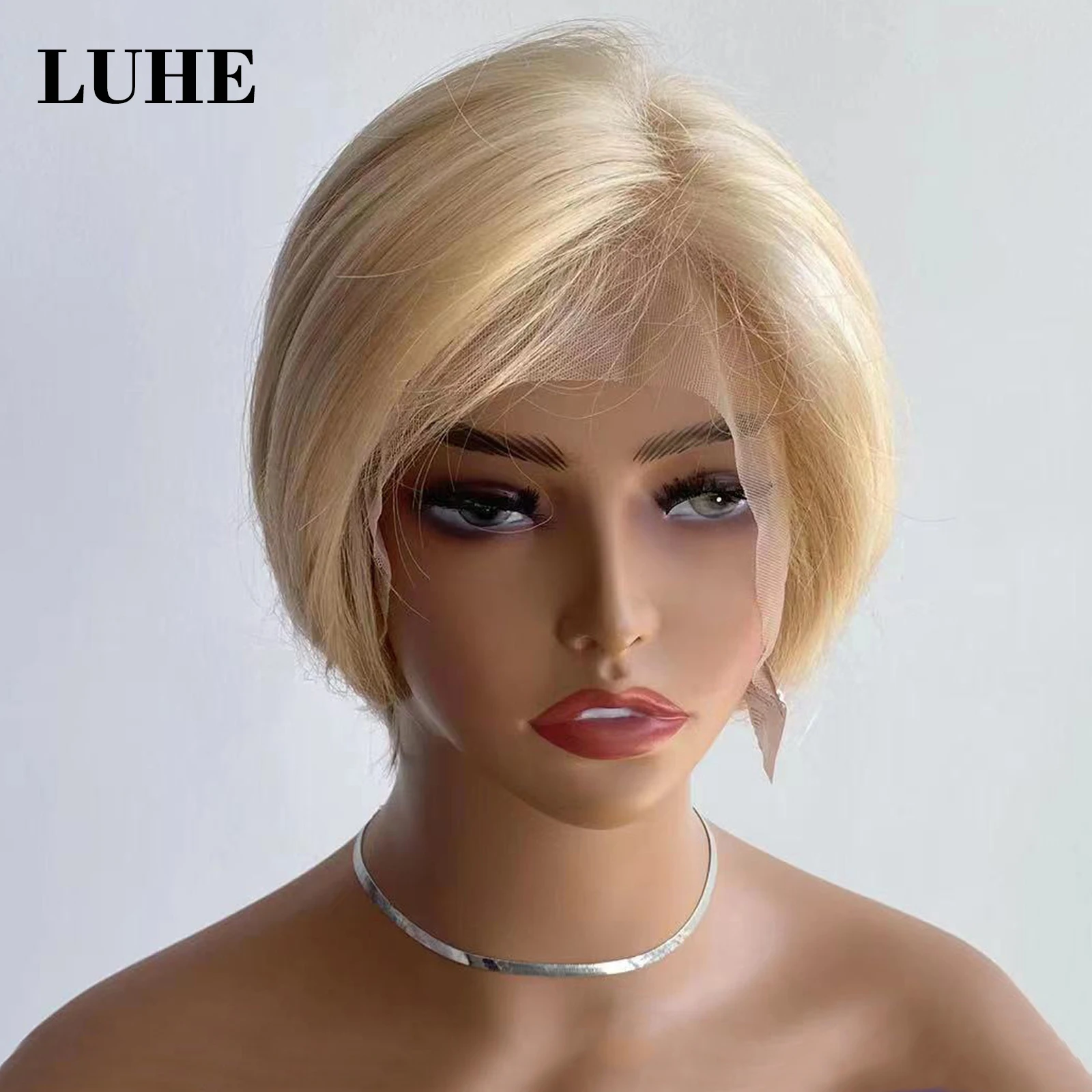 613 Blonde Colored Pixie Cut Wigs 13x3 Synthetic Hair Lace Front Wigs for Women Short Straight Bob Lace Frontal Wig Daily Use