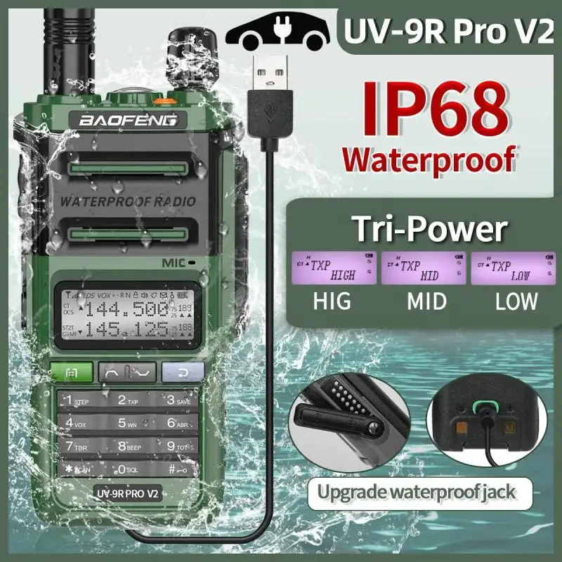 Baofeng UV 9R Pro V2 IP68 Waterproof Walkie Talkie Tri-Power Type-C Charger Dual Band Ham CB Radio Two Way Radio of UV 9R Plus