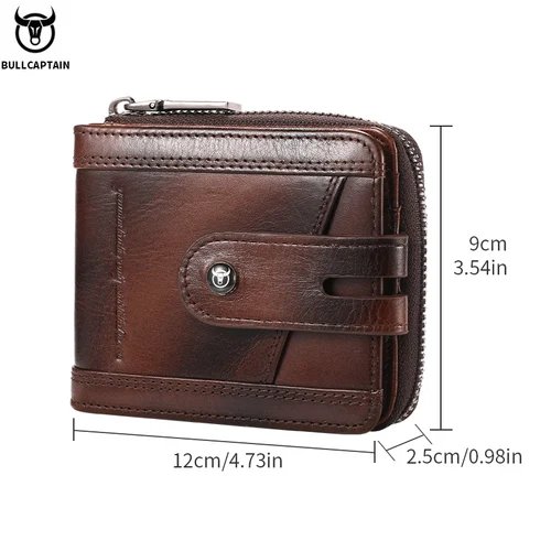 Imagen 2 del producto Bullcaptain-cartera plegable de cuero genuino con cremallera para hombre, Tarjetero con bloqueo RFID, guarda de forma segura tu dinero y tarjetas