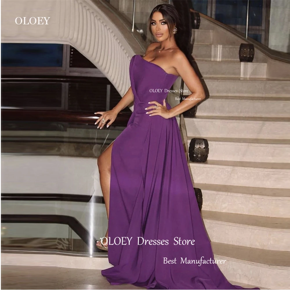 

OLOEY Elegant Grape Purple Draped Evening Dresses For Women Strapless Split Stretch Satin Long Formal Prom Gowns Weddding party