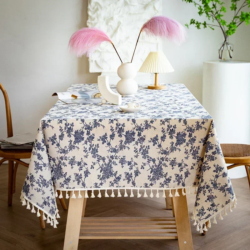 

Blue Tablecloths Bohemian Floral Fabric Tassel Rectangle Dust-Proof for Home Decoration Kitchen Holiday Party Dining Table Cover