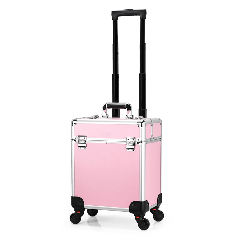 Rolling Makeup Train Case Large Capacity Cosmetic Trolley, Aluminum Professional Salon Travel Case with Key Swivel Wheels Travel