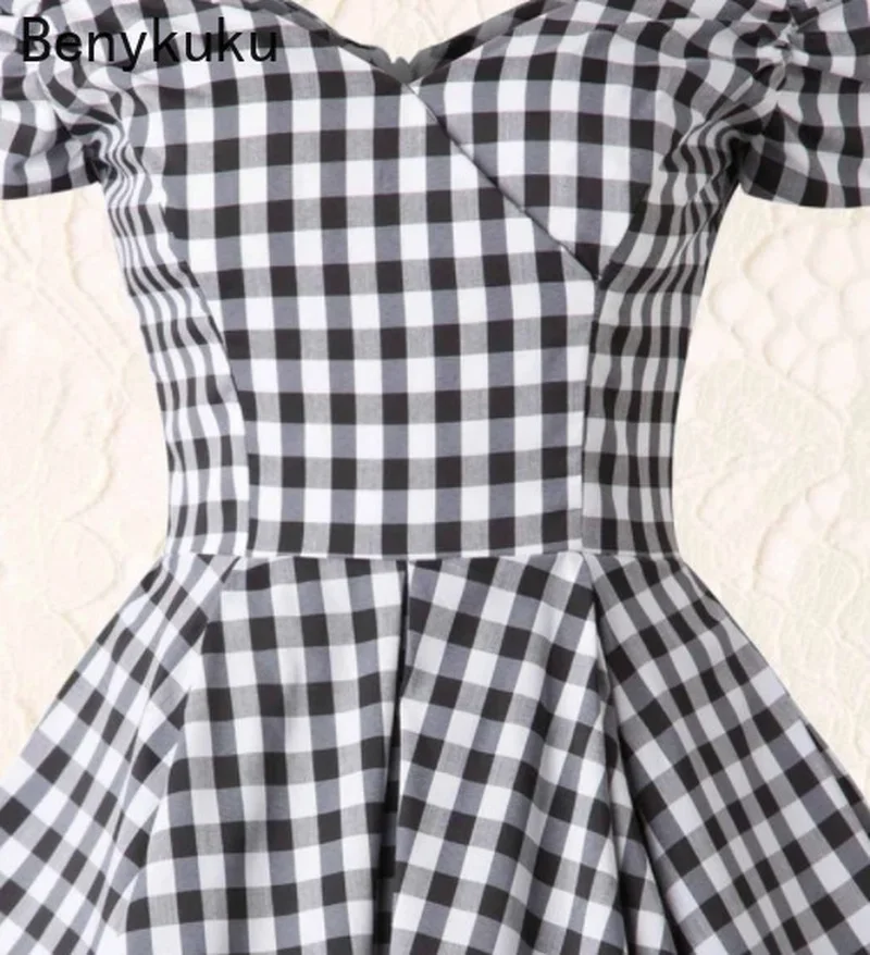 England Style Off Shoulder Black Plaid Dress Retro Vintage 50s Rockabilly Pin Up Casual Party Dresses Plus Size Odzież damska