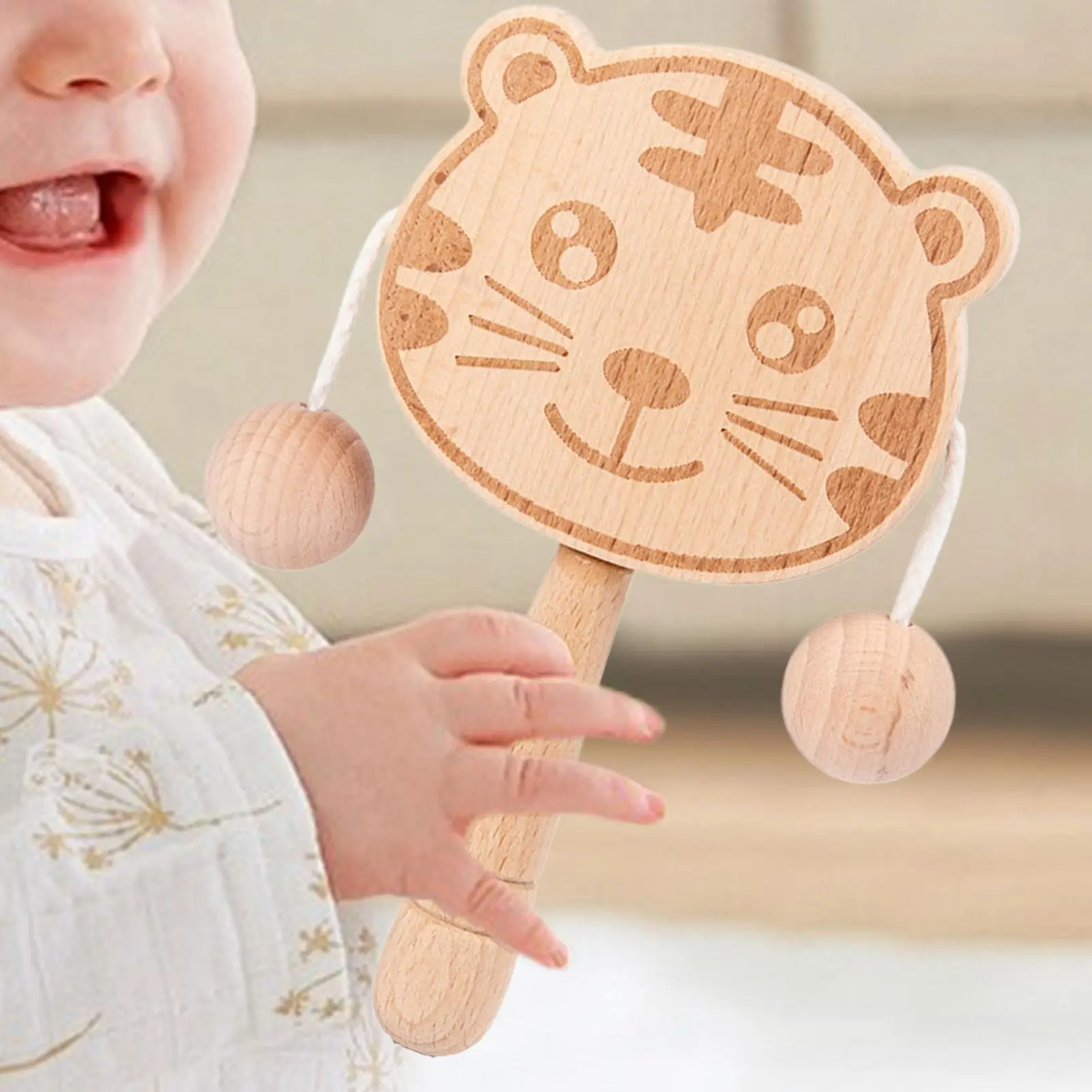 Hochet en bois en forme de tigre pour bébé, tambour à secousses Double face interactif, facile à saisir, pour le suivi visuel des compétences motrices