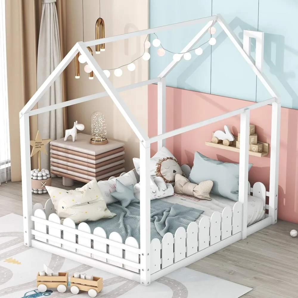

Harper & Bright Designs Full Size House Bed for Kids,Montessori Bed Full Size with Fence-Shaped Guardrails, Wood Toddler Full Fl