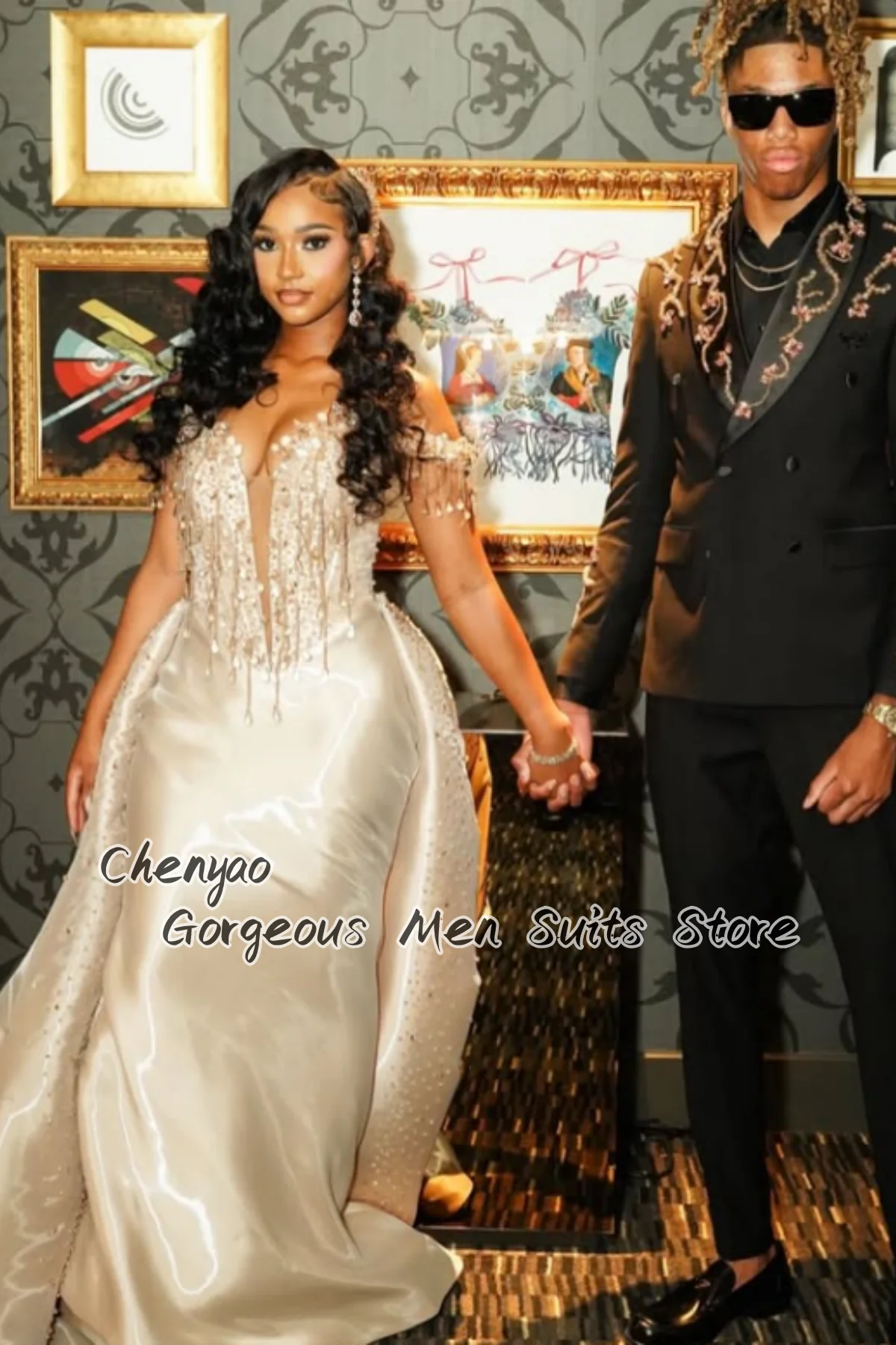 

Classic Rhinestone Beaded Men Suit Ceremony Customized 2 Pcs Set Groom Tuxedo Evening Wedding Male Blazers High End ropa hombre