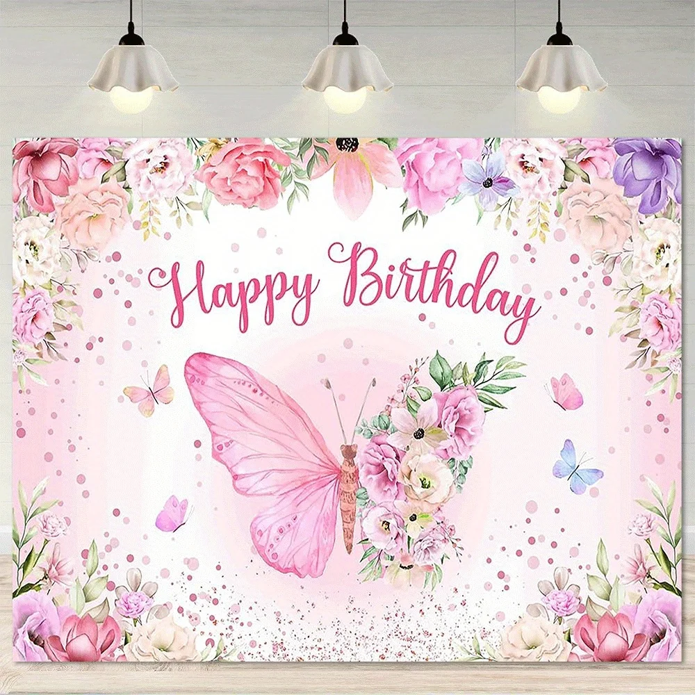 1-teiliger rosa Schmetterlings-Polyester-Hintergrundstoff für Geburtstagsfeiern – Blumen- und Schmetterlingsdesign, geeignet für Mädchenpartys