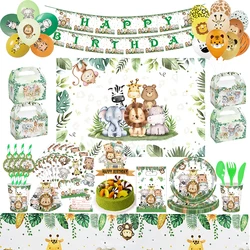 Jungle Safari Birthday Party Decoration Forest Theme Tableware Disposable Paper Cups Plate Banner Number Balloon Baby Kids Gifts