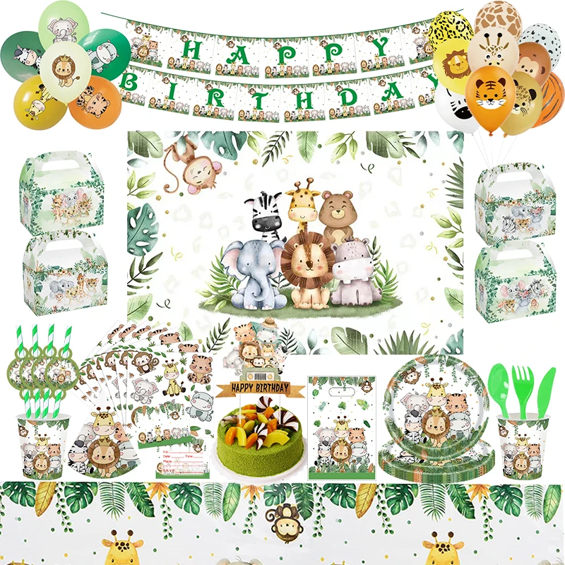 Jungle Safari Birthday Party Decoration Forest Theme Tableware Disposable Paper Cups Plate Banner Number Balloon Baby Kids Gifts