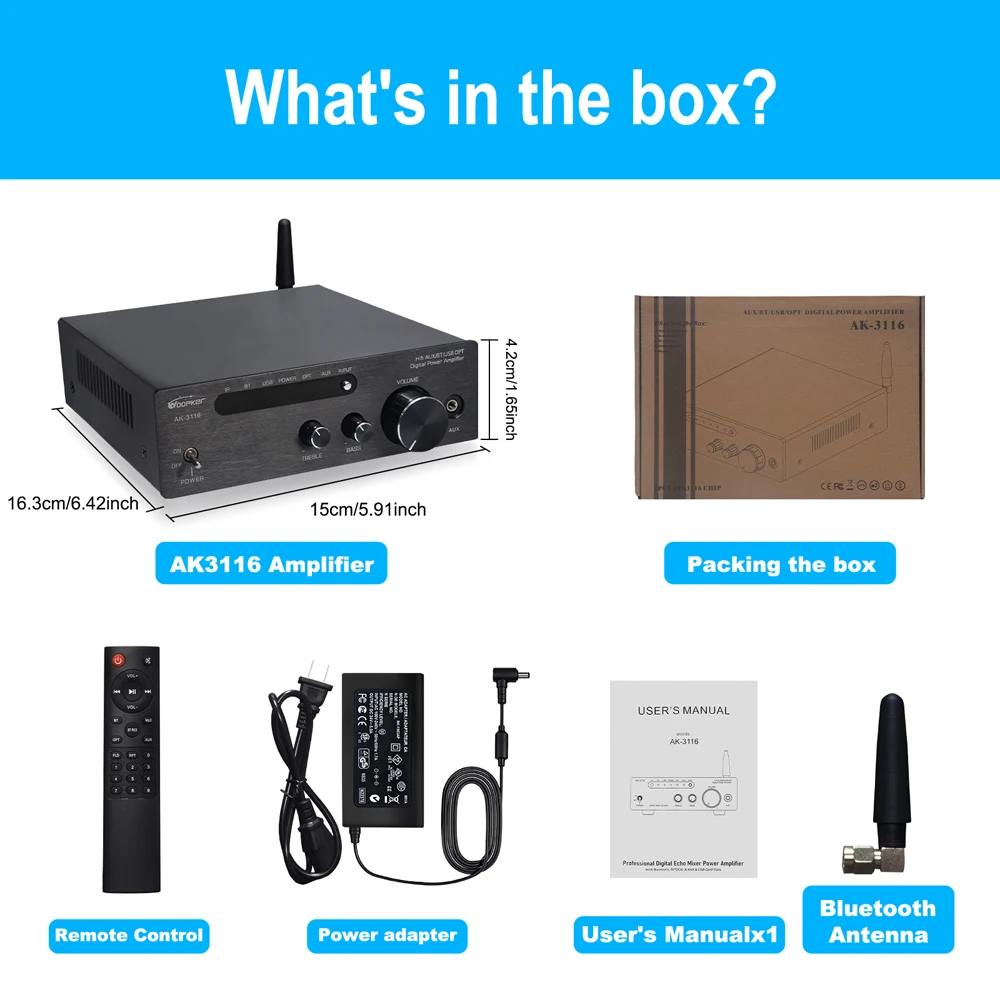 Woopker Soundverstärker AK-3116 Audiophile Digitaler Leistungsverstärker 2PCS TPA3116 Chip Bluetooth5.3 Kanal 2.0 Max. Leistung 100W×2