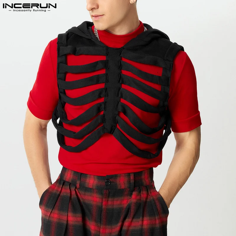 INCERUN Men Vests Patchwork Hooded Sleeveless Casual Hollow Out Male Waistcoats Streetwear Personality Crop Tops Men Vests 2026