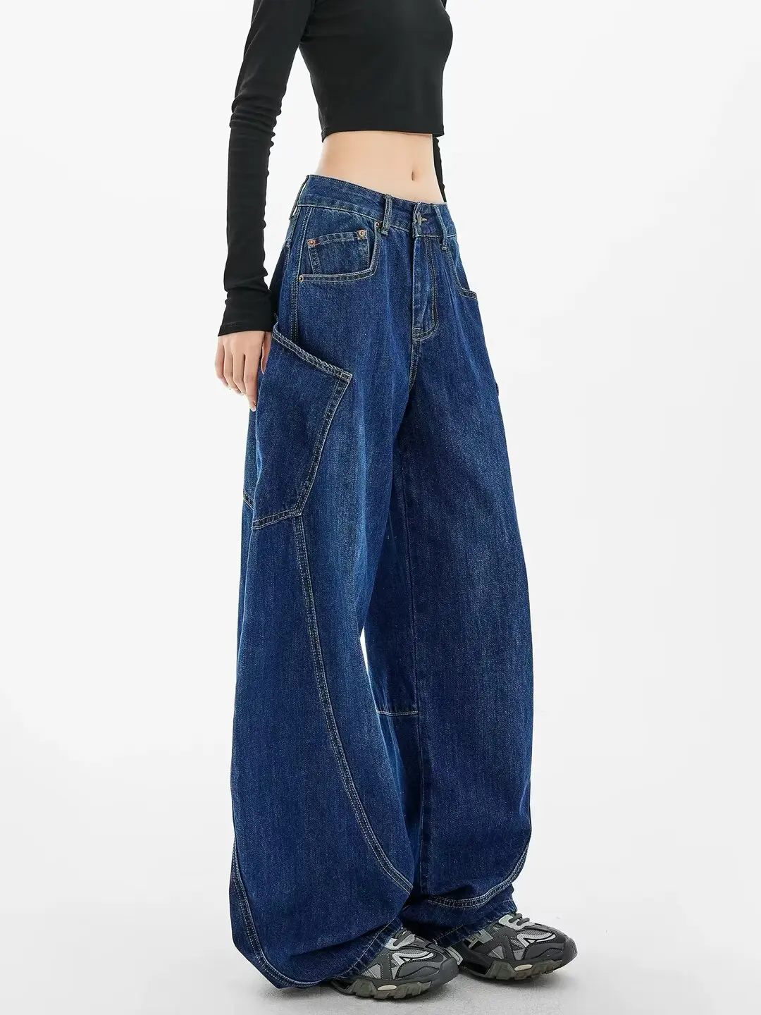 Vintage y2k denim calças compridas mulheres jeans calças de perna larga fino ajuste cintura alta calças retas streetwear casual splice jeans