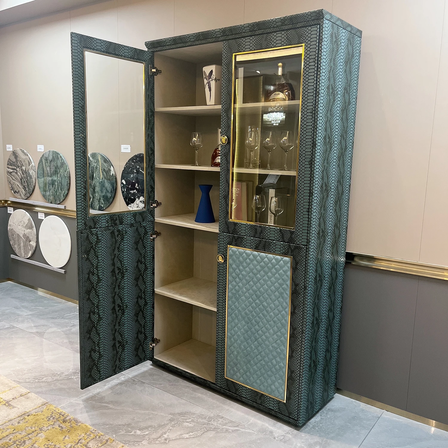 

！@Newest Design High Wine Storage Cabinet Modern Luxury Leather Wine Display Cabinet With Glass Door