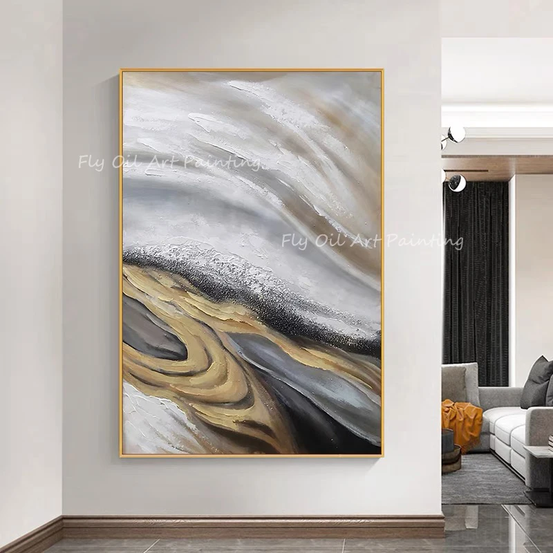 

Large Size 100% Handpainted gold foil ocean abstract seascape wave Oil Painting Porch Aisle For Living Room unframe