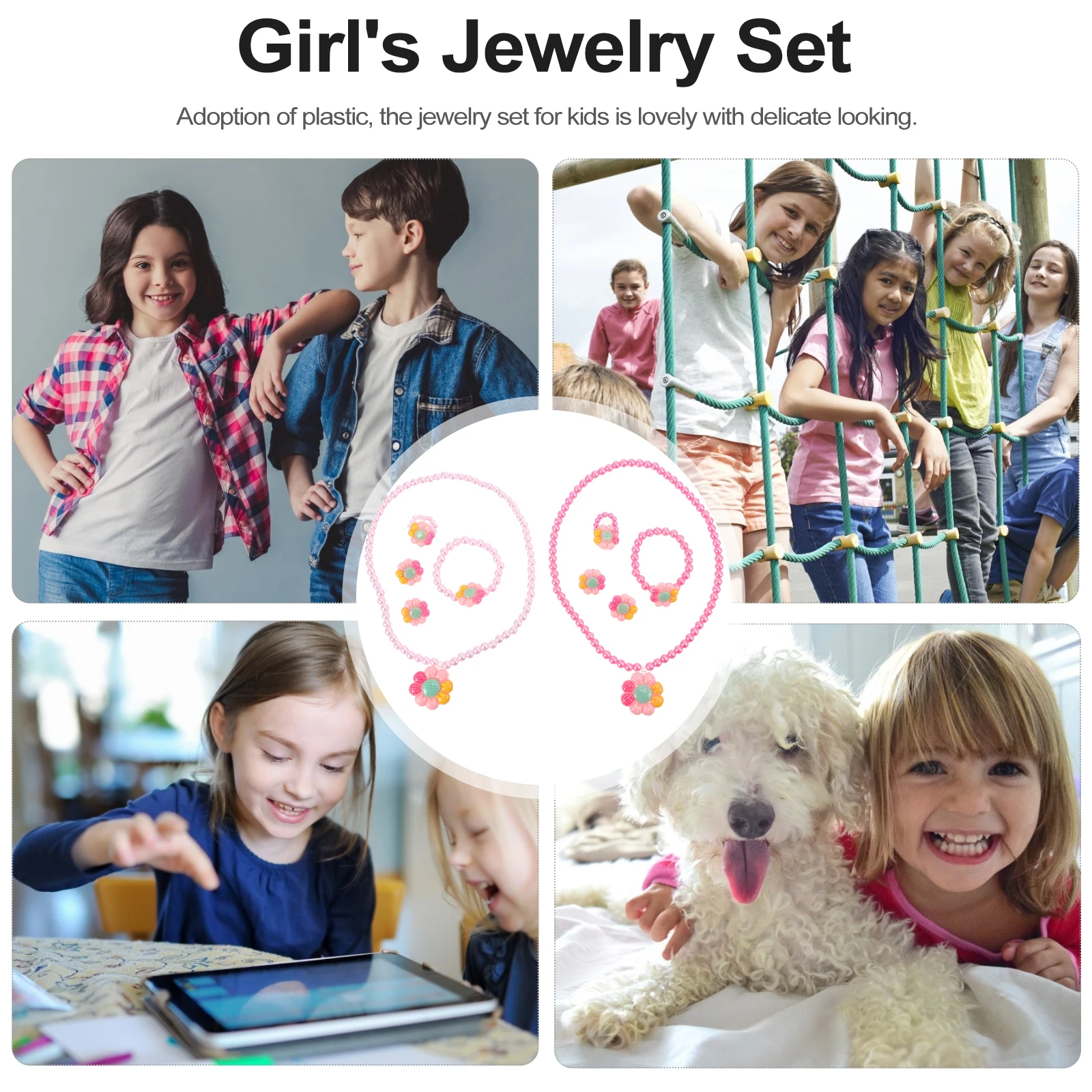 

2 set Necklace Set Jewelry Accessories Girls Flower Pearl Cartoon Earring Ring Bracelet Kids Party Birthday Christmas Toy Gifts