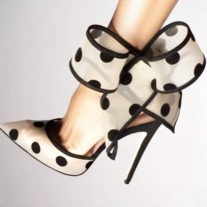 أنثى البولكا نقطة فراشة عقدة عالية الكعب مضخات واضح شبكة أشار تو كبير الكاحل حزام جوفاء رقيقة الكعوب النساء مأدبة الأحذية #1