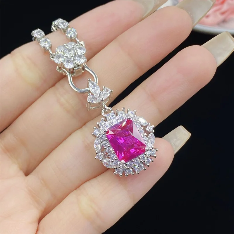 

High-end Rectangular Red Corundum Fashion Three-piece Full Diamond Open Ring Women's Elegant Pendant Earrings Set