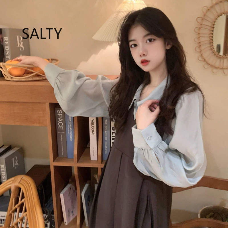 Set di abiti da donna Colletto per bambola francese 2025 Nuovo abito a pieghe a vita alta + camicia Set da due pezzi femminile