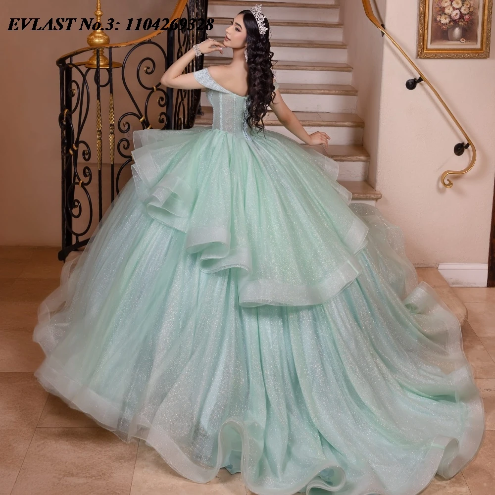 

EVLAST Customized Mexico Sage Quinceanera Dress Ball Gown Applique Pearls Beads Tiered Corset Sweet 16 Vestido De 15 Anos E3Q245