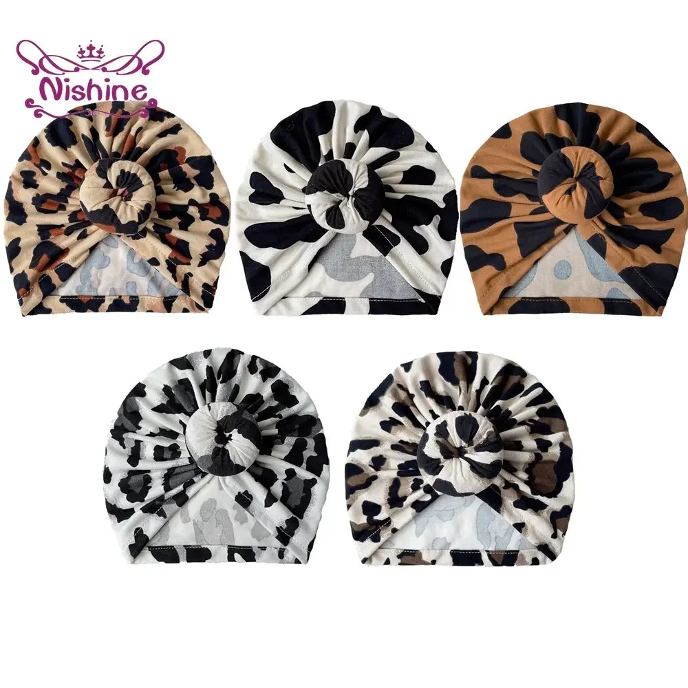 1PCS Baby Girls Printed Leopard Hat with Round Ball Center Newborn Turban Caps Children Beanies Kids Headwear Photo Props