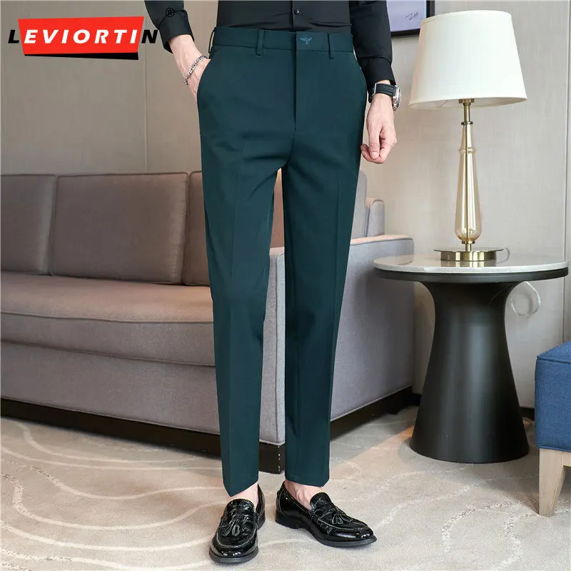 

2023 Spring and Autumn Men Fashion Embroidered Pants Business Dress Solid Color Formal Office Social Slim Fit Casual Suit Pants
