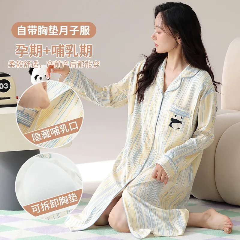 

Plus Size Maternity Pajamas Dress Womens Long Sleeves Loose Nursing Nightgown Postpartum Breastfeeding Mouth Confinement Clothes