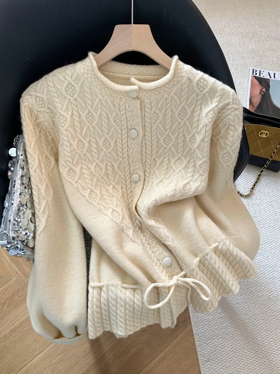 

Women's Soft Knitted Twist Sweater Casual Long Sve Thermal Top Dstring Waistcoat Winter Commute Faion Loose Fit