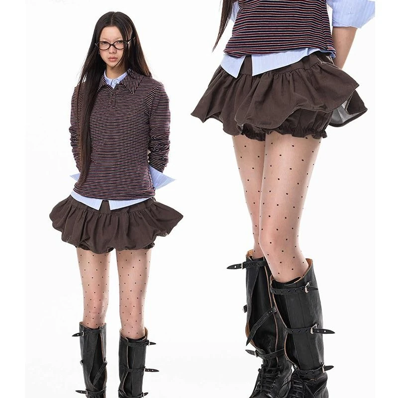 

Винтажная мини-юбка с низкой талией в корейском стиле, коричневые юбки с рюшами Gyaru, сексуальные милые однотонные уличные короткие юбки в стиле ретро