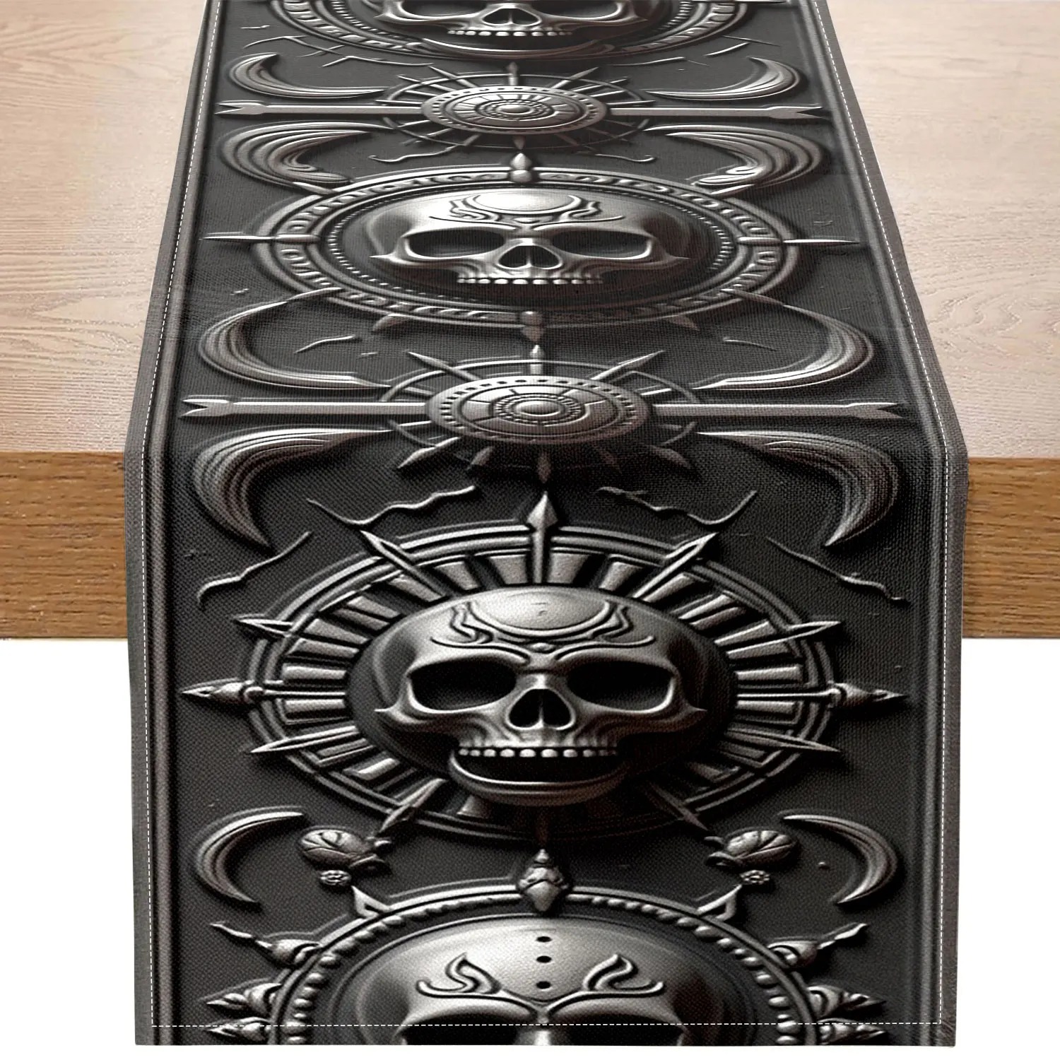 1 Piece of Dark-Themed Three-Dimensional Embossed Skull Table Runner, Featuring a Silver and Black Color Scheme with Mysterious Patterns and a Metallic Skull Design, Suitable for Gothic-Themed Restaurants, Dark-Themed Parties, Art Studios, Fantasy-Style Guesthouses, Cultural and Creative Exhibitions, Personalized Home Decor, Unique Gift Giving, and Halloween Scene Arrangement
