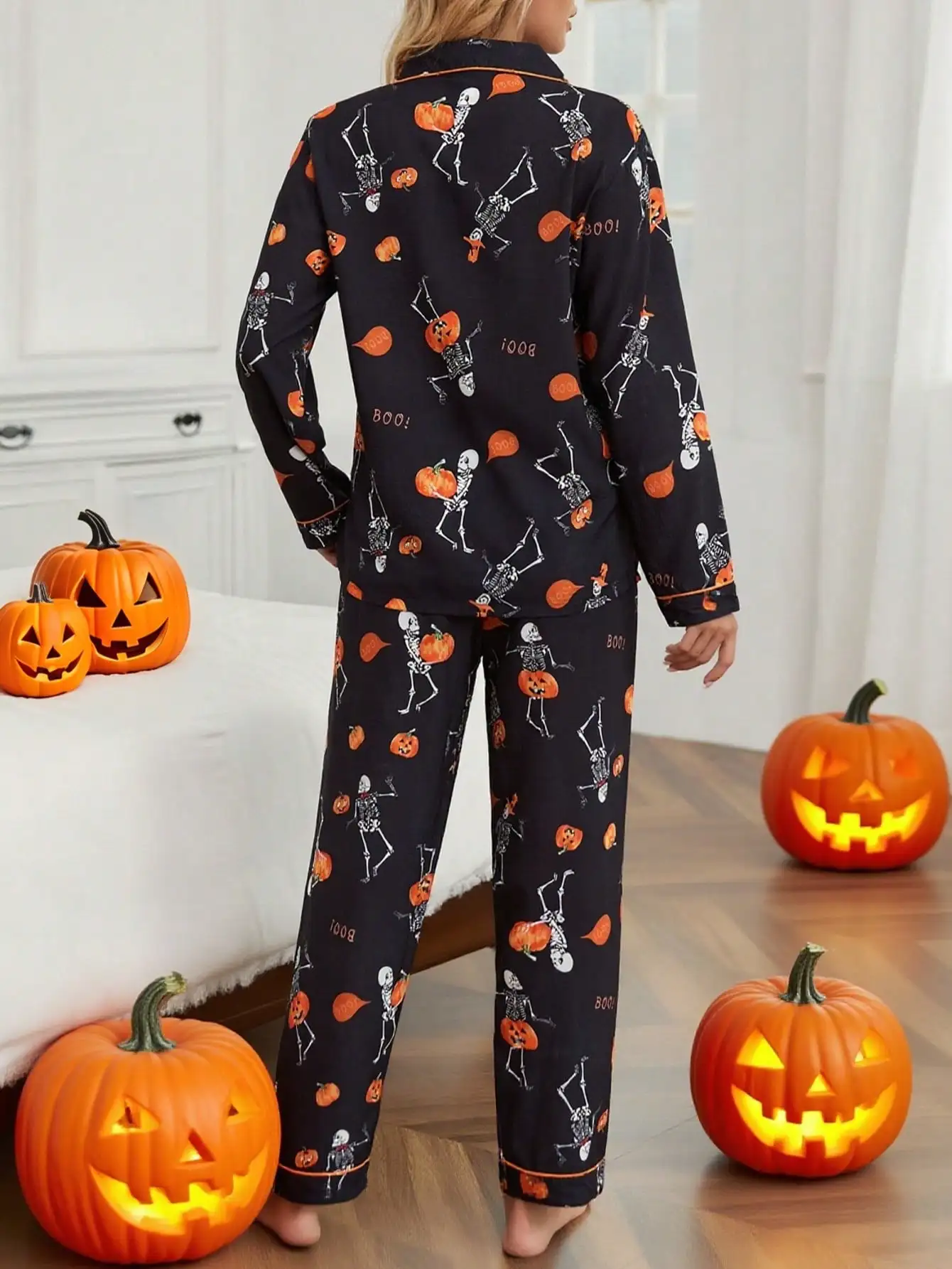 طقم بيجامة على شكل يقطين/جمجمة للهالوين مكون من قطعتين - بلوزات وسراويل بأكمام طويلة، جيوب شفافة متباينة، خريف/شتاء #2