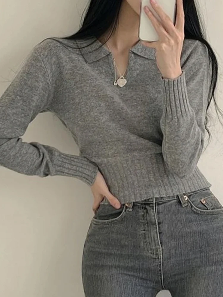 

Gray Knitted Sweater Women Elegant Cropped Pullover Female Vintage Chic Polo Collar Jumper Lady Casual Long Sleeve Knitwear Top