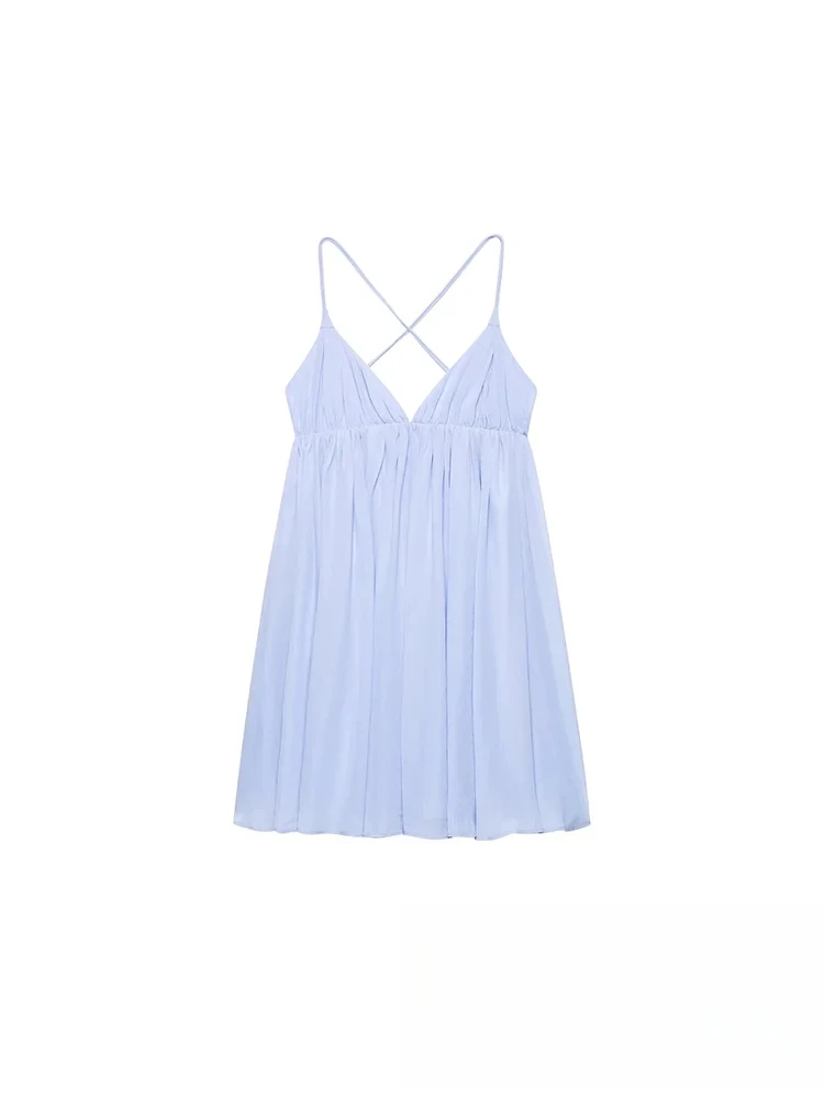 เดรสสายเดี่ยวสีน้ำเงินเซ็กซี่โรแมนติกสำหรับผู้หญิง คอวีลึก เปิดหลัง มินิเดรส แฟชั่นใหม่ 2025 ฤดูร้อน สไตล์หวานซ่อนเปรี้ยว เหมาะสำหรับวันหยุดพักผ่อน ผ้าพลิ้วไหว