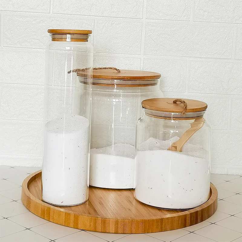 large size borosilicate glass storage jar bathroom laundry glass jar set with bamboo lid wood scoop tray