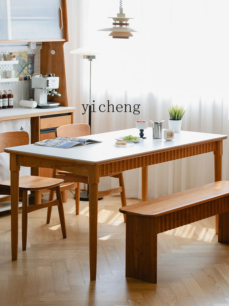 

FY Solid Wood Dining Table Cherry Wood with Drawer Table and Chair Set Rock Slab for Home Small Apartment