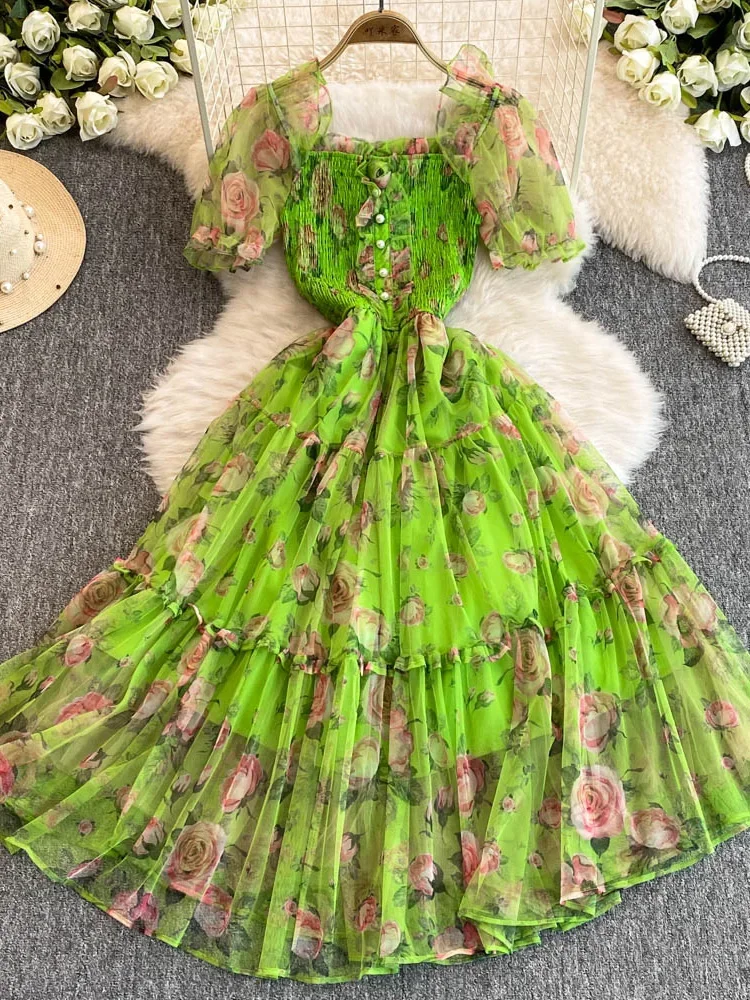Summer Women Floral Mesh Midi Dress Sweet Square Collar Short Puff Sleeve Ruffle Vestidos Female Elegant Purple/Green/Red Robe