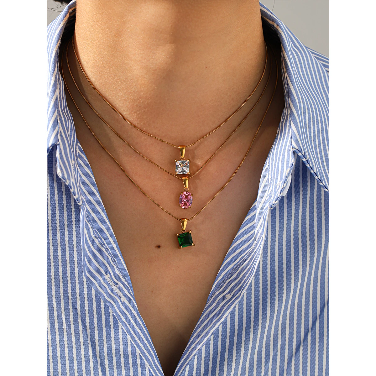 

Stainless Steel 18K Gold Plated Colorful CZ Pendant Necklace Waterproof No Fade Wear Resistant for Women Daily Office Party Gift