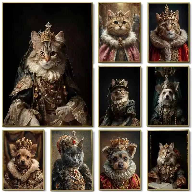 (No frame)Royal Pet Dog Cat Portrait Photo Poster Funny Animal Wear Crown Canvas Painting Wall Art for Living Room Home Decor