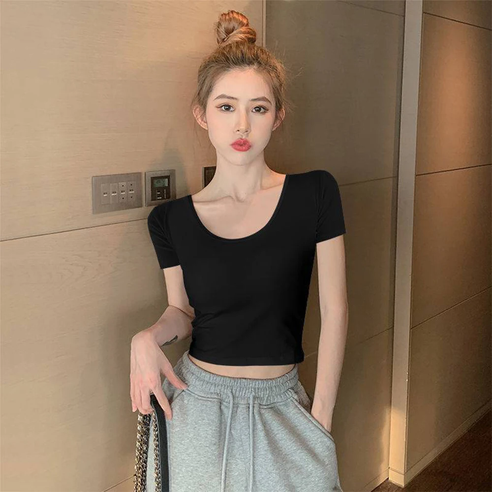 Ladies Tee Women T Shirt Short Sleeve Crop Tee Round Neck Backless Top Combed Cotton Solid Color Summer Fashion