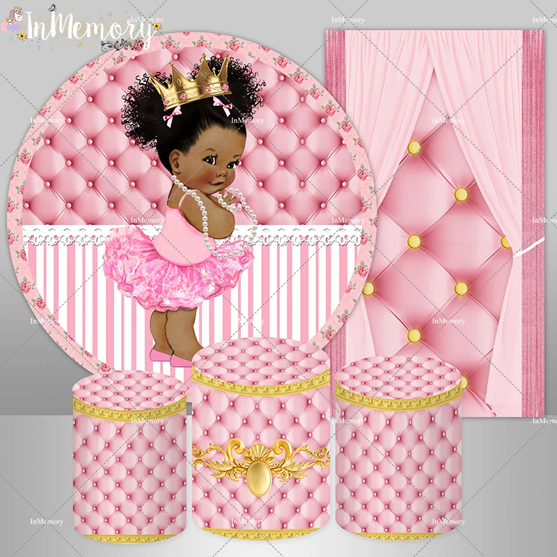 Princess African Baby Girl Birthday Round Backdrop Cover Arched Wall Background Pink Headboard Cylinder Plinth Cover Elastic