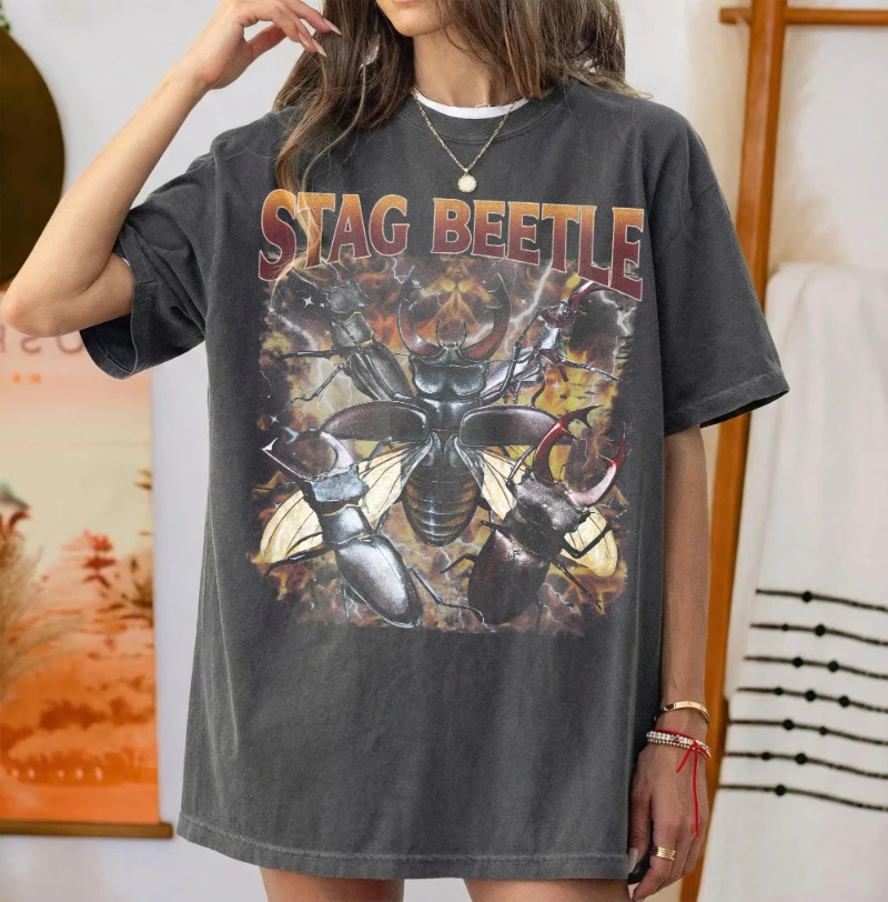 Vintage Stag Beetle Shirt 90s Bootleg Insect Graphic Tee Bug Lover T-Shirt Nature Beetle Shirt Insect Gift