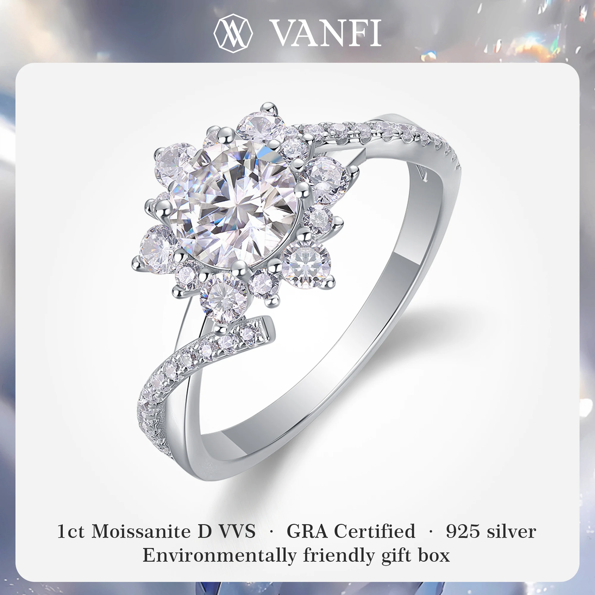 

kfvanfi 1ct D VVS Moissanite s925 Sterling Silver Lab Diamond Plated 18k White Gold Flower Women's Ring Banquet Wedding Jewelry