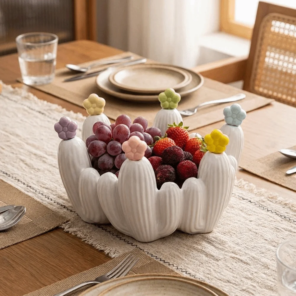 Creative Design Cactus Fruit Bowl Nordic Style Multi-purpose Ceramic Cactus Plate Reusable Easy To Clean Dessert Storage Tray