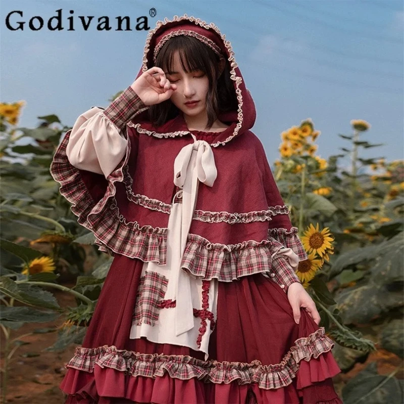 

Spring Autumn Elegant Lolita Red Plaid Ruffles Peter Pan Collar Long Sleeve Dress Sweet Girls High Waist Cake Princess Dresses
