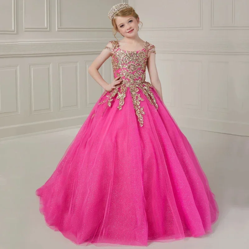 

Rose Pink Tulle Flower Girl Dress with Gold Floral Appliques Sleeveless Princess Gown for Birthday Party Banquet Wedding